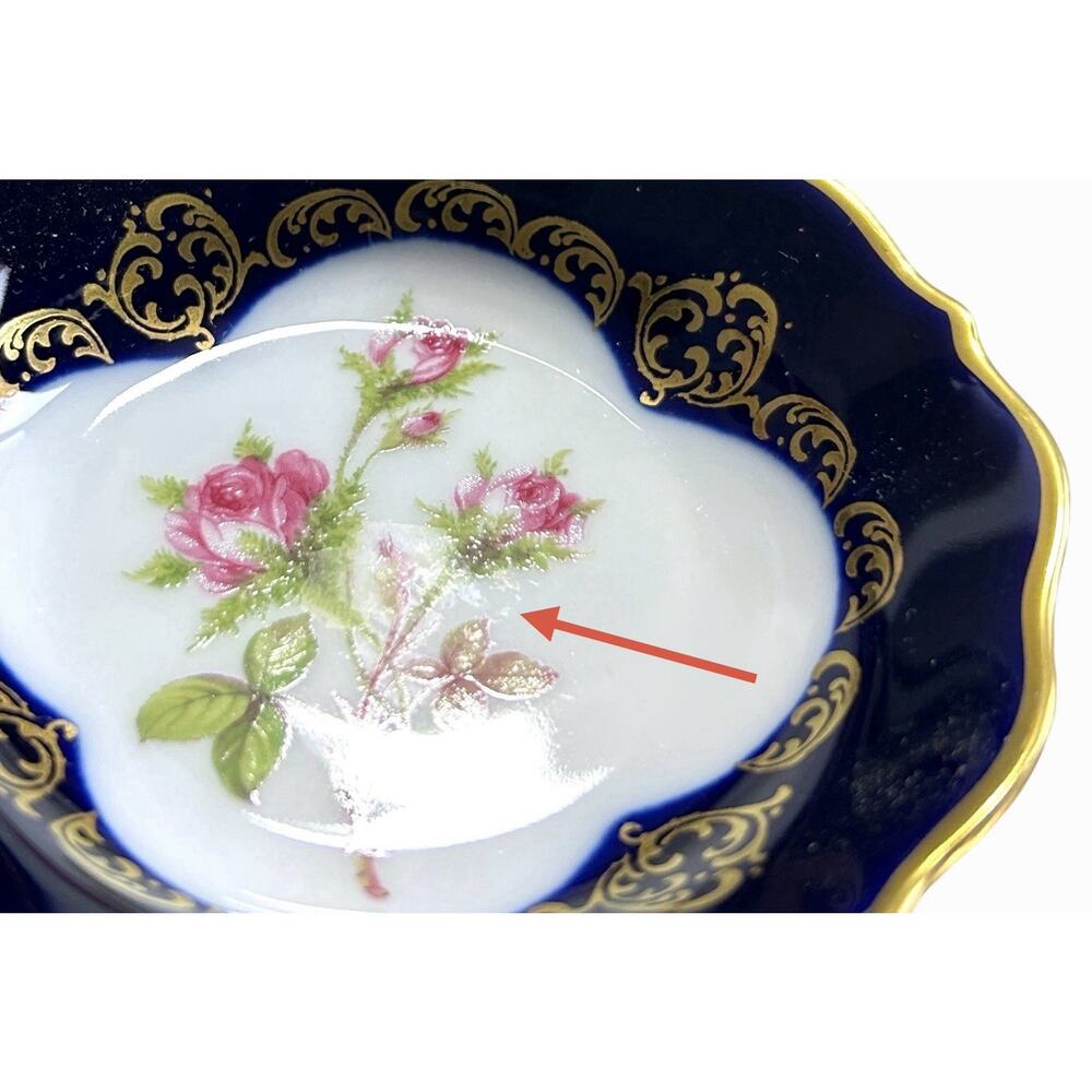 Vintage Lindner Bavaria Demitasse Cup Saucer Cobalt Gold Moss Rose Read - Picture 5 of 11